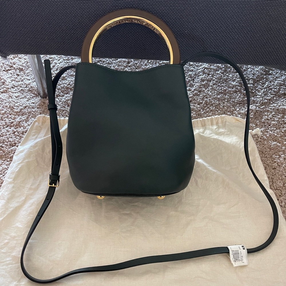 Authentic NWT Marni mini leather bucket bag dark green with tan leather handle